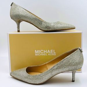 Michael Kors Silver Glitter Flex Kitten Heel Pumps Womens 11M Worn Once - w/ Box